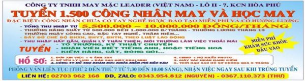 Tuyển Công Nhân Học May (Hỗ Trợ Lương Và Phụ Cấp) – CÔNG TY TNHH MAY MẶC LEADER (VIỆT NAM)